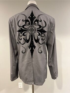 Men's Y2K Gray Pinstripe Blazer with Shoulder and back Graphic Detail